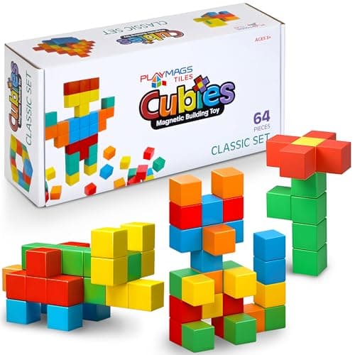 Playmags Magnetic Blocks Building Toy 64pc Magnet Cubes STEM Toys for Toddler Kids Preschool Educational Sensory Construction Block Toy for Boys Girls