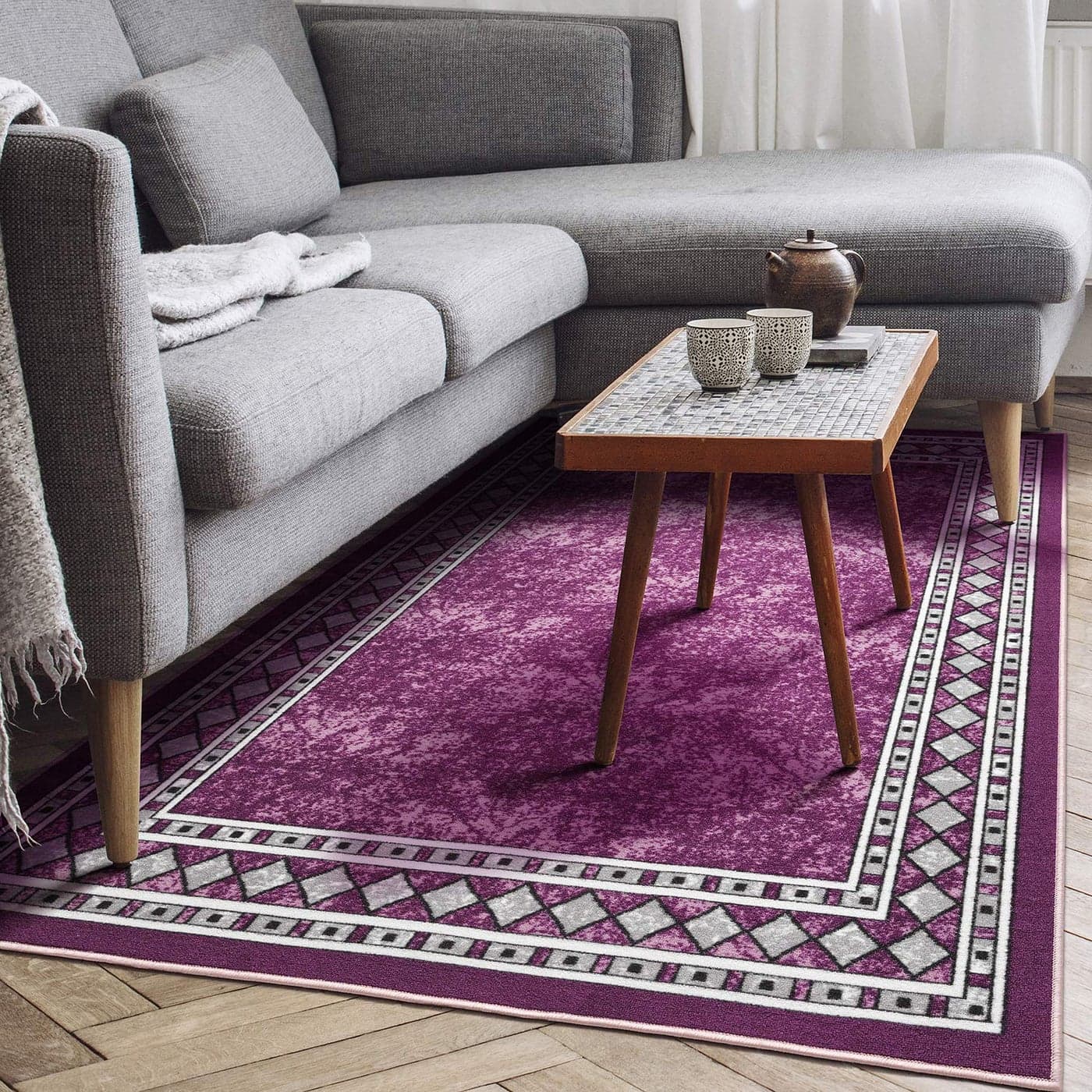 Antep Rugs Alfombras Modern Bordered 5x7 NonSkid NonSlip Low Profile Pile Rubber Backing Indoor Area Rugs Purple 5 x 7