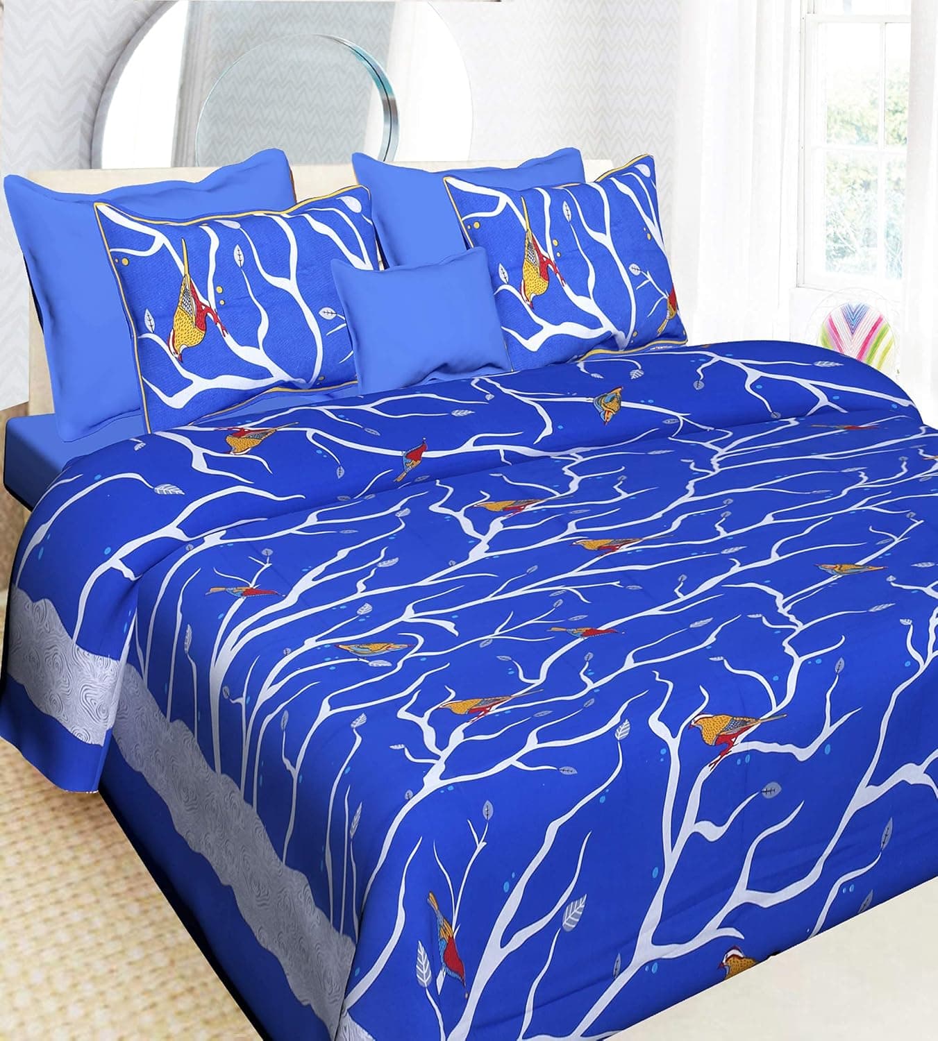 UNIBLISS Cotton Rajasthani Jaipuri Traditional King Size Double Bed Bedsheet with 2 Pillow Covers Blue Pack of 1