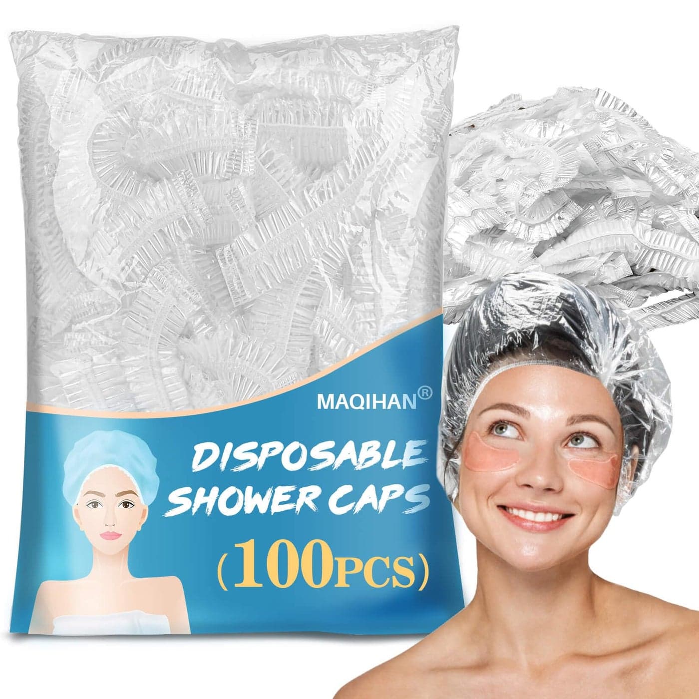 MAQIHAN 100 Disposable Shower Caps Unisex Large Plastic Hair Caps for Deep Conditioning Shower Cap Reusable Waterproof for Women Men Hair Treatment Bath Cap for Long Hair Travel Essentials