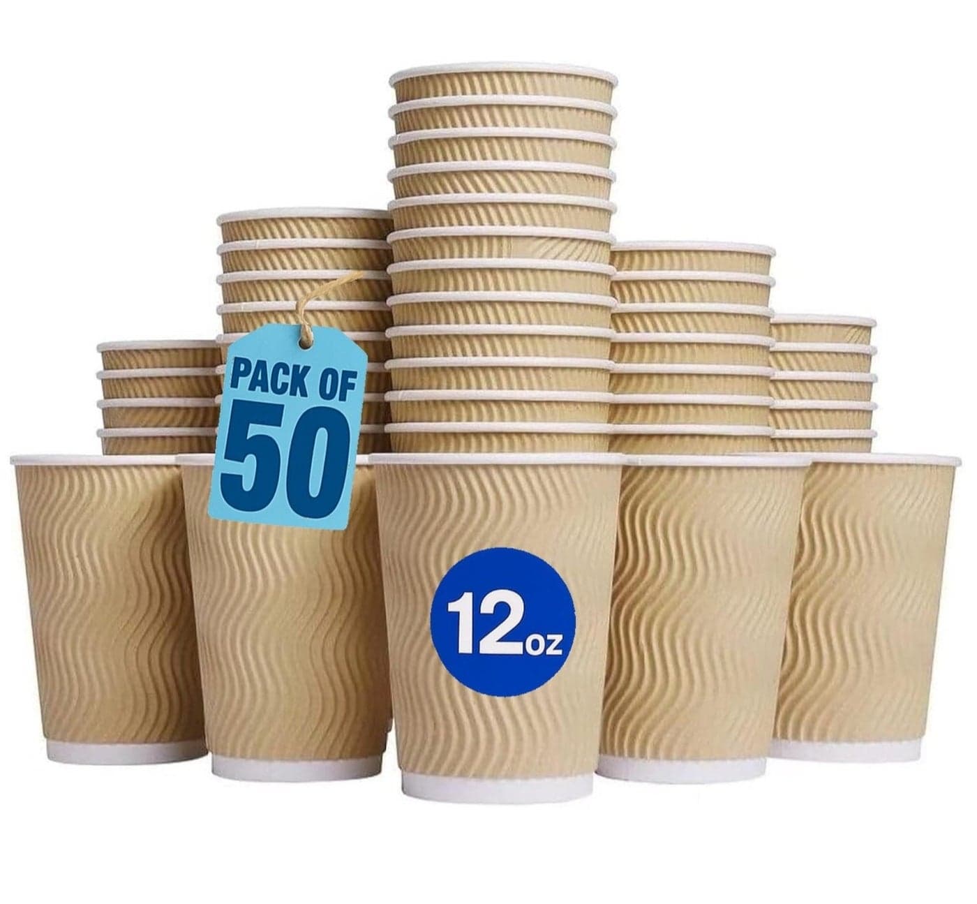 MahMir® 12 Oz. Brown Disposable Ripple Insulated Coffee Cups - Eco-Friendly Disposable Cups - Hot Beverage Corrugated Paper Cups - Sleeve Ripple Wall Paper Coffee Cups for Drink - Tea Cup(12oz 50 Pcs)