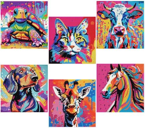 MXCFZX 6 Pack 5D Cartoon cat Diamond Painting Kits for Kids BeginnersCute Animals DIY Horse Diamond Art Kit for KidsEasy Full Round Drill Big Gem Art for KidHome Wall Decoration 6X6 inch