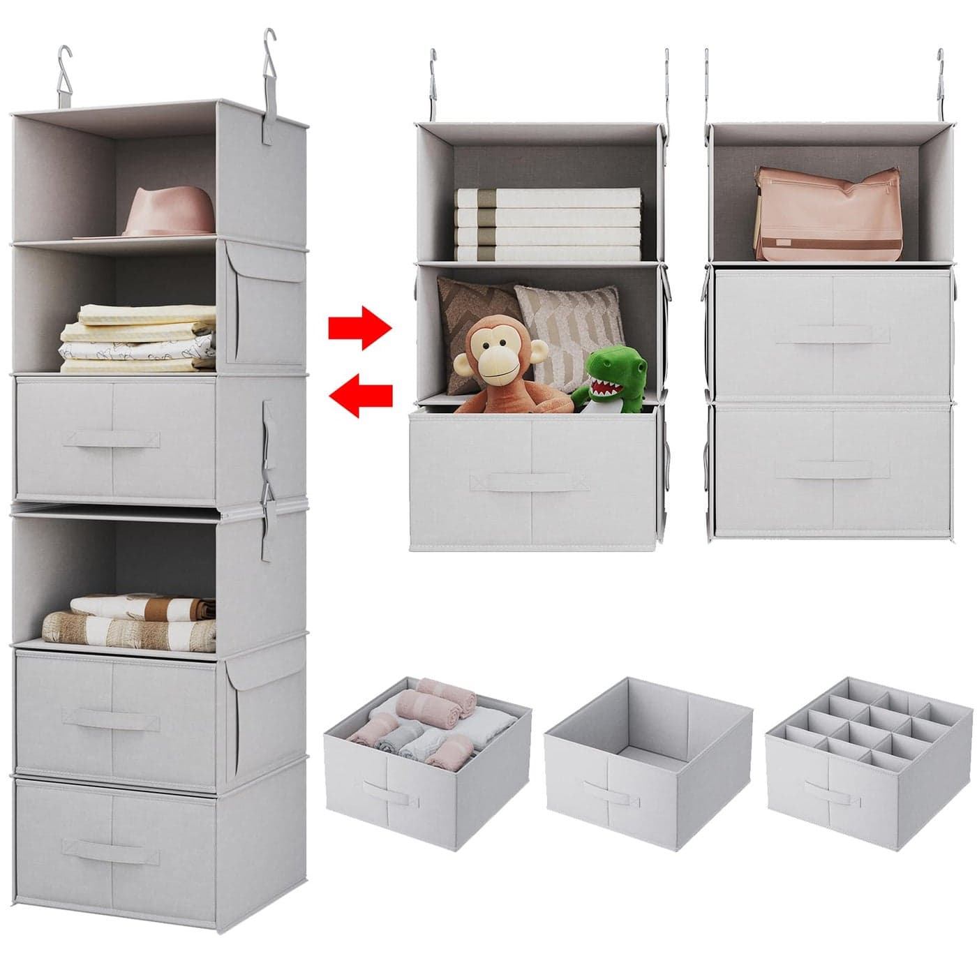 Vailando 6Shelf Hanging Closet Organizer 2 Separable 3Shelf Hanging Shelves with 3 Drawers for Wardrobe Nursery Baby Clothes Organization and Storage