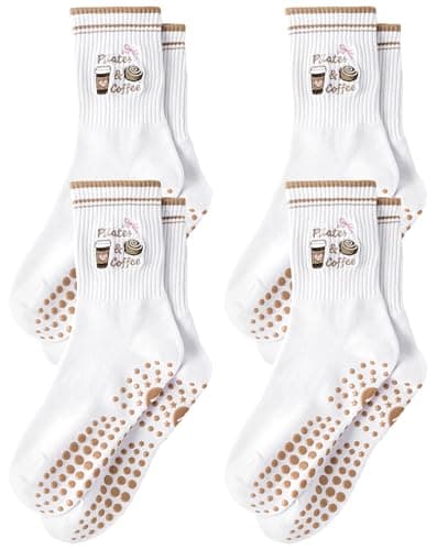 Yawlsow Pilates Grip Socks for Women Yoga Grippy Socks Cute Barre Non Skid Athletic Crew Sticky Sock Workout Hospital (US, Alpha, One Size, Regular, Regular, 4pair Brown)