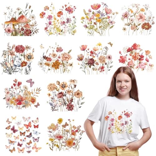 Rngmsi Dtf Transfers Ready to Press 12 Pcs Flower Iron on Transfers for TShirts Boho Floral Iron on Patches Stickers Heat Transfer Vinyl Decals for Clothes Bag Pillow DIY Crafts Fabric Decor