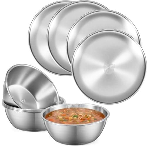 Teecyhooo 304 Stainless Steel Plates and Bowls Sets 9 Inch Metal Camping Plates Reusable 20oz Steel Snack Bowls Feeding Serving Dinner Dishes for Adult Girls Boys