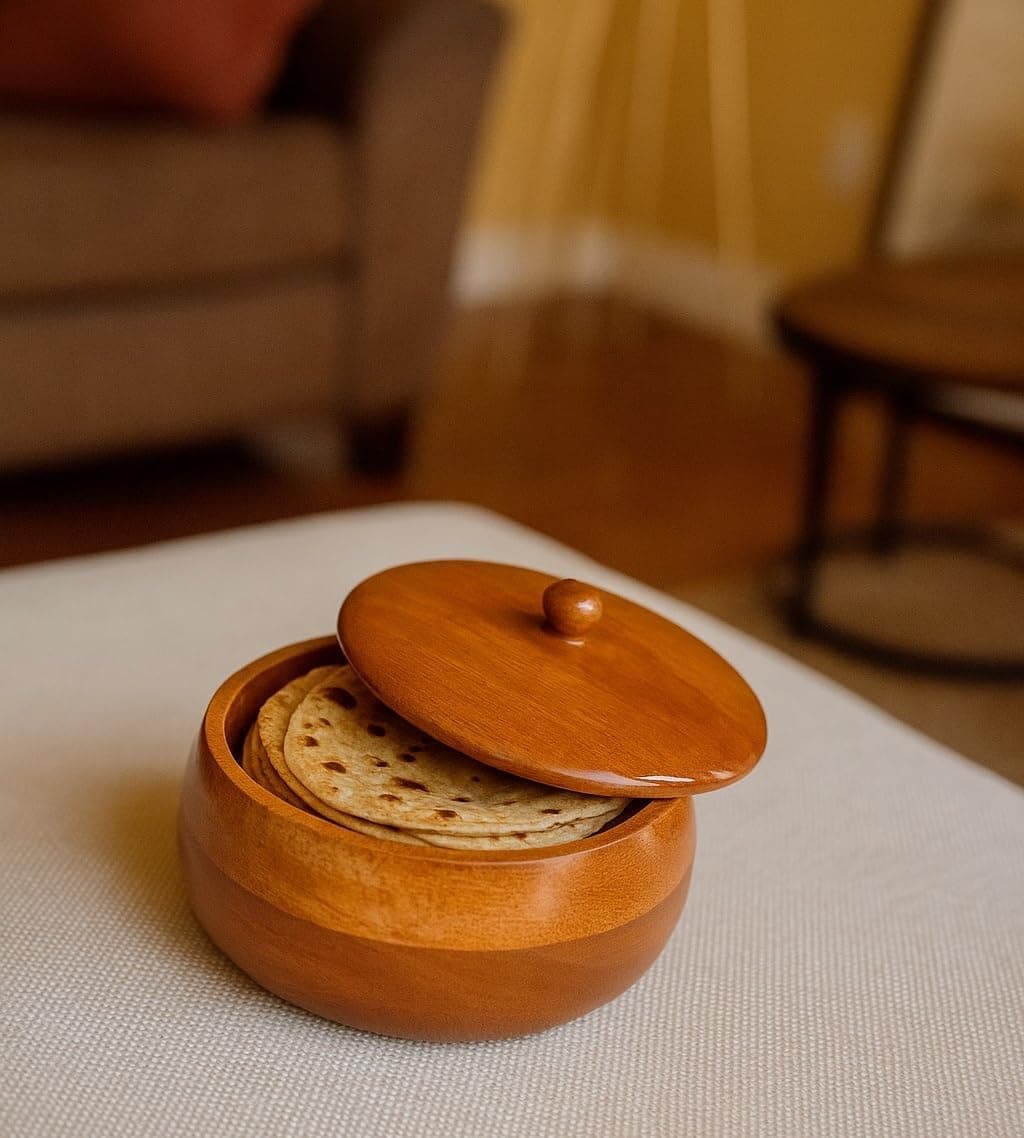 LIVINGLOOM Hand Carved Roti Storage Container | Hot Pot, Casserole, Roti Dabba Chapati Box Handcrafted Premium Wooden Chapati Box for Kitchen | Roti Casserole | Round Hot Pot | Roti Dabba