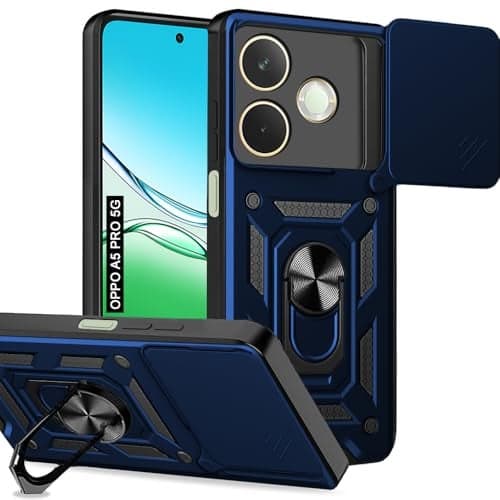 AESTMO Tough Armor Oppo A5 Pro 5G Bumper Back Case Cover | Ring Holder & Sliding Camera Shield Cover | 360 Degree Protection Back Case Cover for Oppo A5 Pro 5G (Blue)