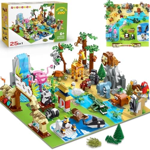 HOGOKIDS 25 Animals Zoo Building Set with Play Mat 8 Pack Zoo Scene modules Blocks Toy for Easter Valentines Day Party Favors Classroom Prizes Fillers Birthday Gifts for Kids Boys Girls 6 1460PCS
