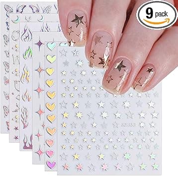 9 Sheets Aurora Holographic Nail Art Stickers Decals SelfAdhesive Heart Flame Stars Butterfly Moon Nail Supplies Nail Art Design Decoration Accessories