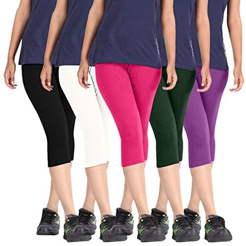 Premium Cotton Strechable Women's Casual/Gym/Sports 3/4th Capri (Free Size) Combo Pack of 5 (BlackWhiteRaniPGreenPurple)