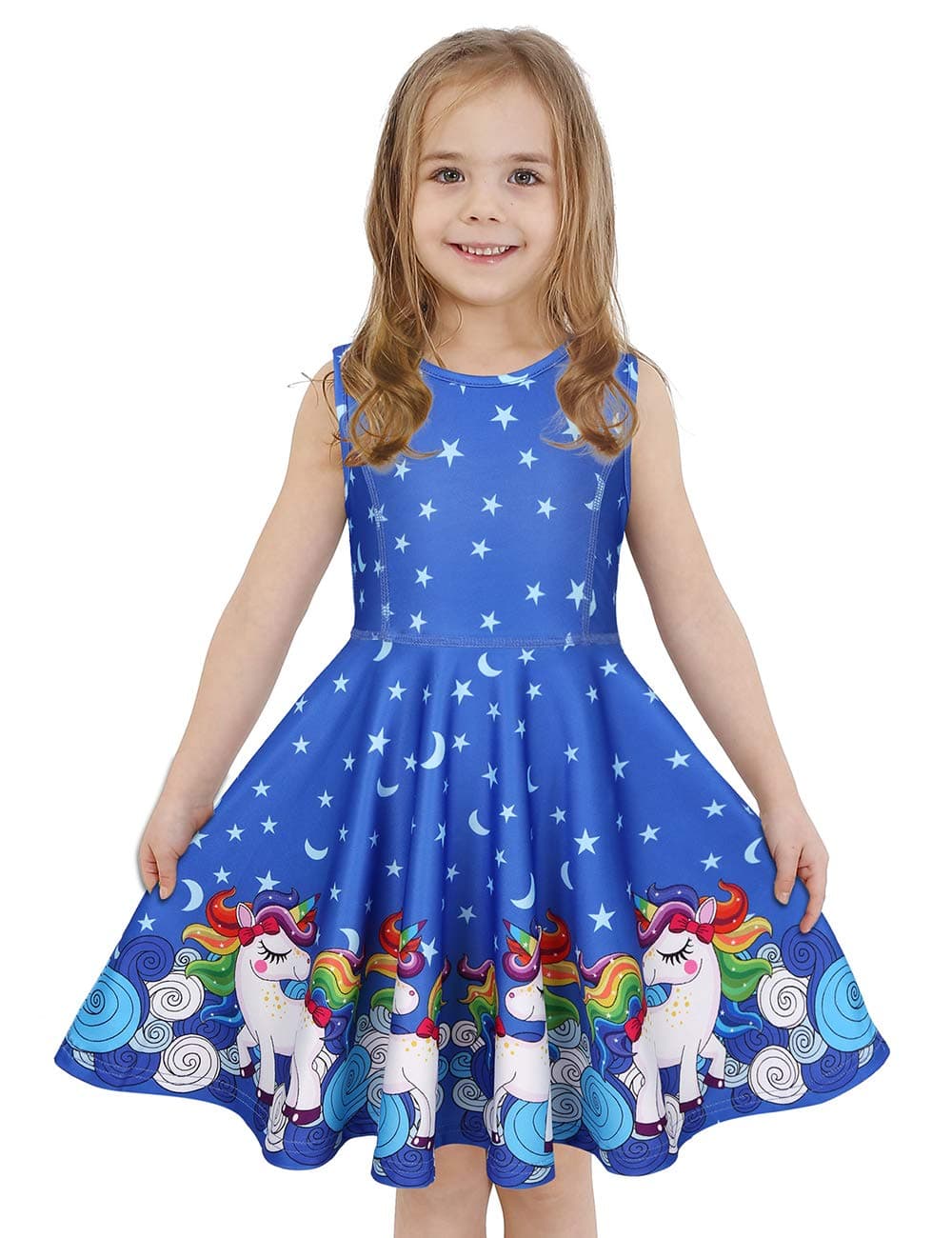 LaBeca Girls Party Casual Printed Twirly Sleeveless Dress Starry Unicorn L