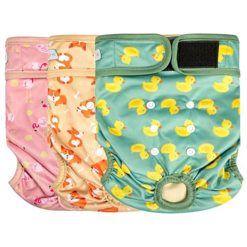 Langsprit Washable Female Dog Diapers - Doggie Reusable Diapers for Doggy Puppy Female in Period - Highly Absorbent Dog Heat Panties (Flamingo Duck) L