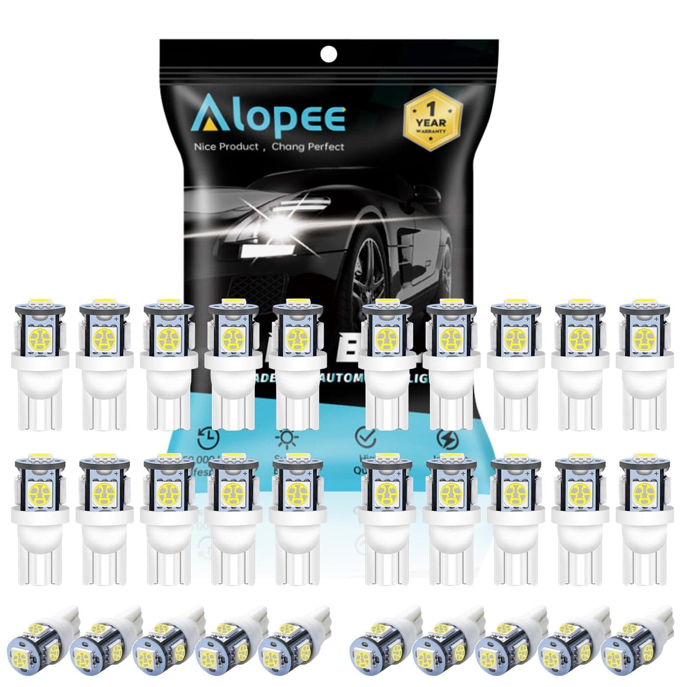 Alopee Led 194 Bulb White 6500K T10 Wedge Led Lights 5SMD 5050 Chips 12V Replacement for 158 168 193 198 2825 W5W Interior Car Lights Dome Map Door Trunk Light Pack of 30