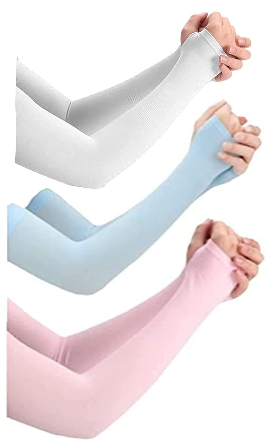 PURSUE FASHION Unisex Full Arm Fingerless Sleeves Gloves for UV, Dust, Summer, UV Sun Protection Arm Sleeves for Men & Women, Protection Arm Sleeves (Blue White Pink, 3 Pairs)