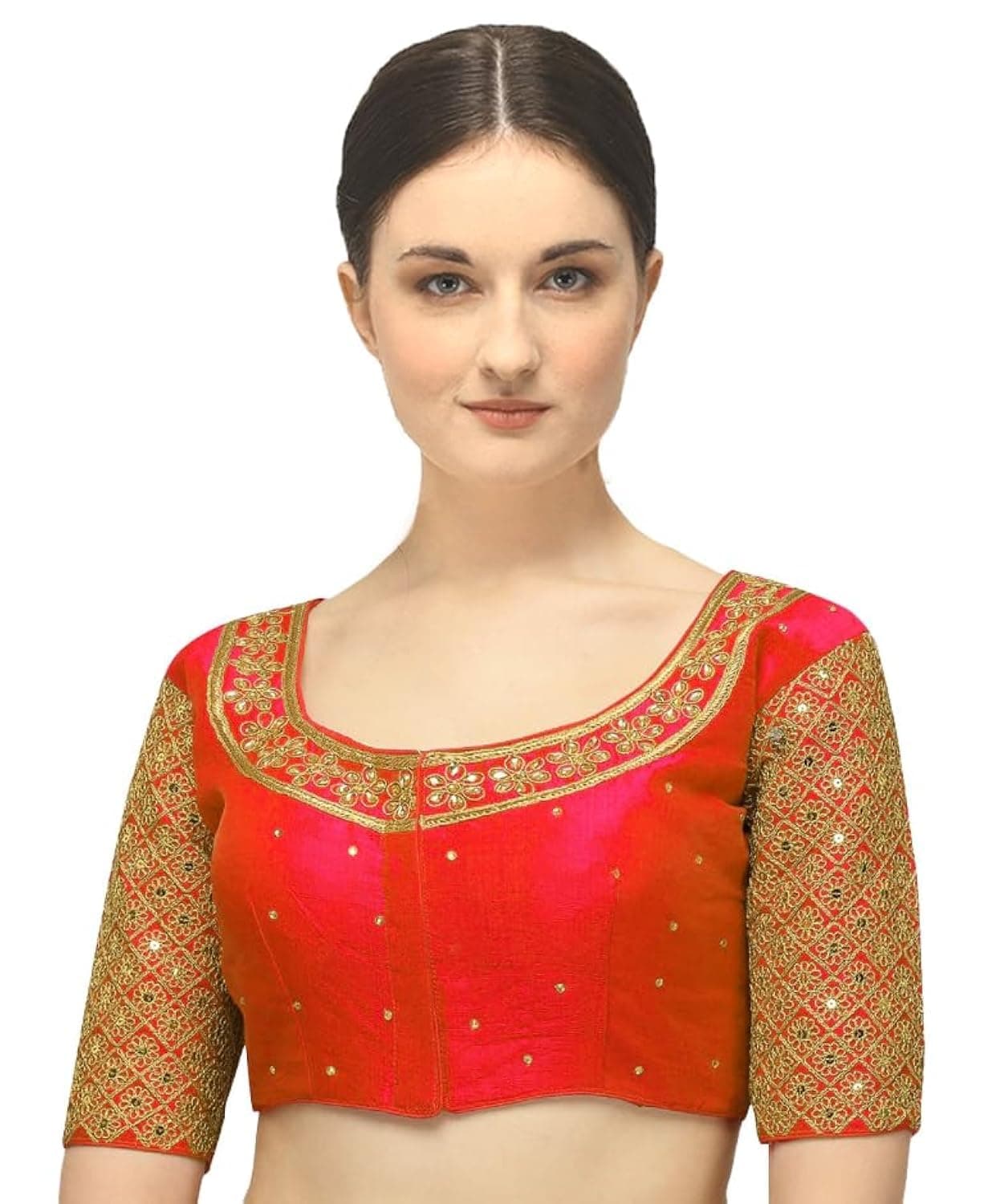Pujia Mills Women's Embroidery Handwork Sequence Work Necklace Design Readymade Blouse (Red, 32)