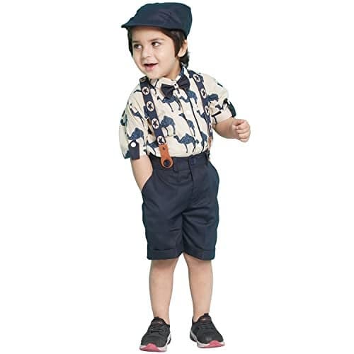 AJ DEZINES Kids Shirt and Shorts Set for Boys | Stylish and Trendy Kids Clothing | Cotton blend Printed Shirt and Solid Shorts with Bow Tie and Suspenders | Perfect Dress for All Occasions | BLUE-5