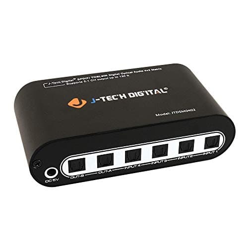 J-Tech Digital Premium Quality SPDIF TOSLINK Digital Optical Audio 4x2 Matrix (4 Inputs 2 Outputs)