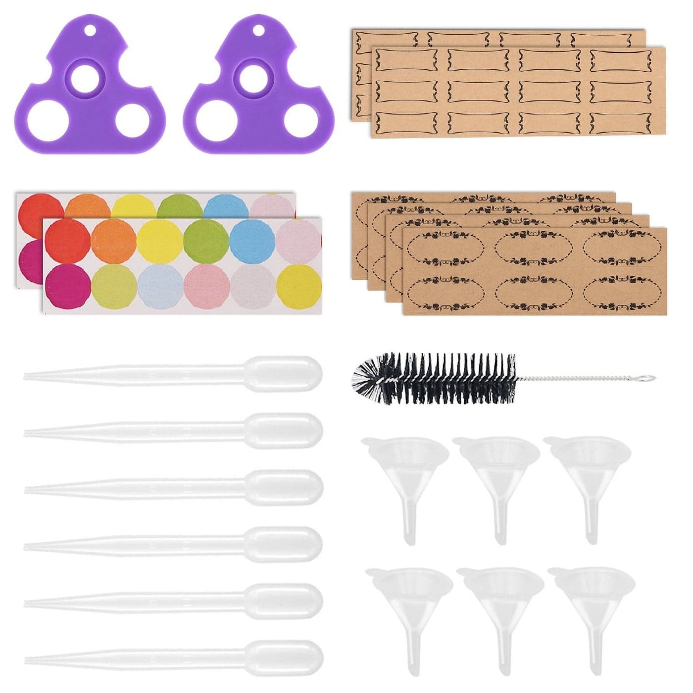 Essential Oil Tools Essential Oil Opener Essential Oil Key Tool for Essential Oil Accessories Includes 2 Openers, 6 Droppers, 6 Funnels, 72 Labels And Brush Tools Set for Glass Roll On Bottles