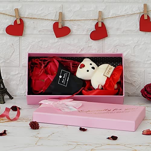 Webelkart Rose with Gift Box and Teddy Beer- 7 in, Valentines Gift for Girlfriend and Boyfriend (Pink Box with Teddy)