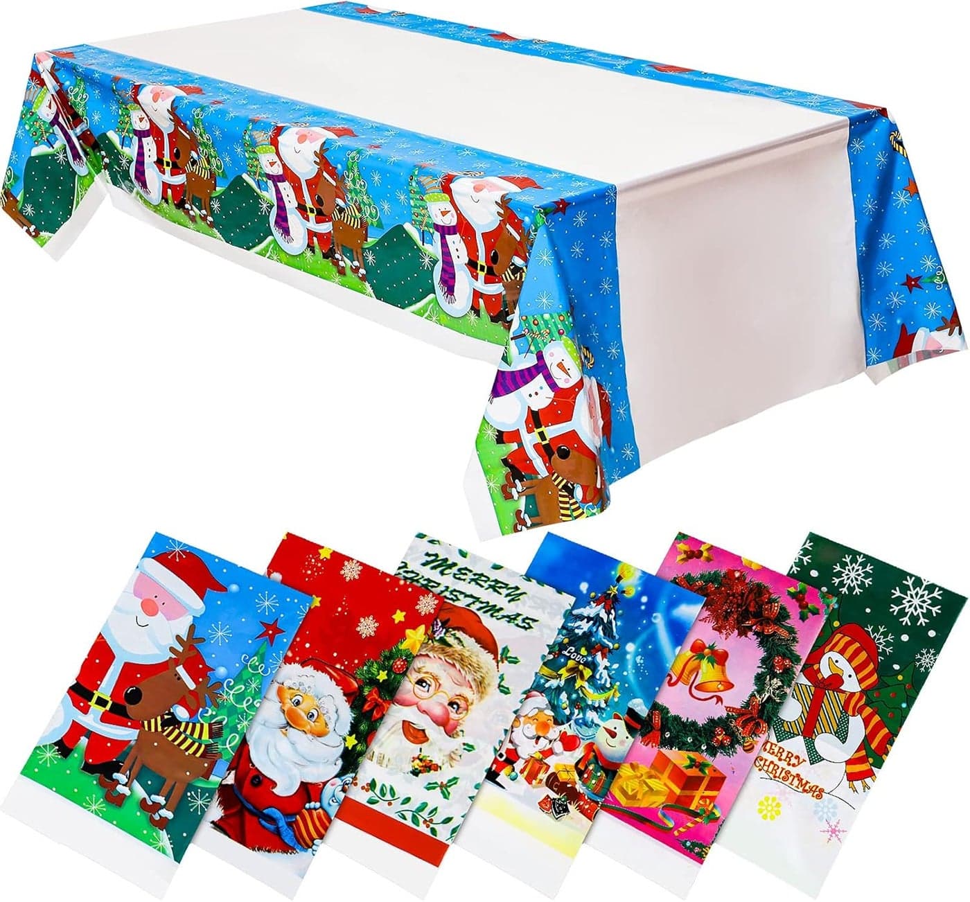 Irenare 6 Pack Christmas Tablecloth Plastic Santa Claus Table Cover 425 x 70 Inches Waterproof Table Cloth Disposable Snowman Tablecloth for Christmas Party Home Dining Table Supplies 6 Styles