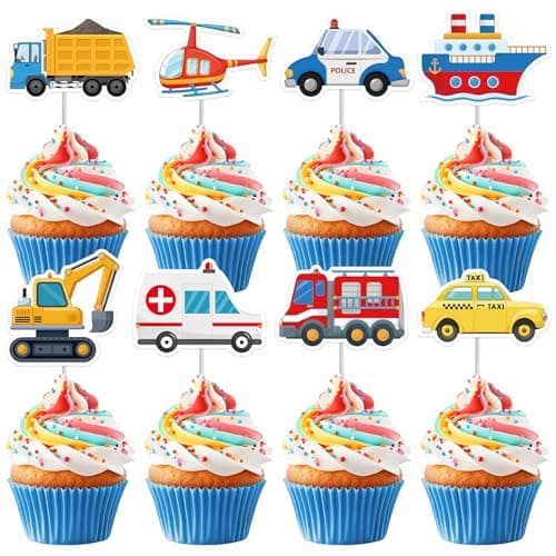40Pcs Transportation Cupcake Toppers Cute Car Truck Airplane Ship Cupcake Picks Transportation Cake Topper Picks for Kids Birthday Baby Shower Vehicle Party Cake Toppers Decorations