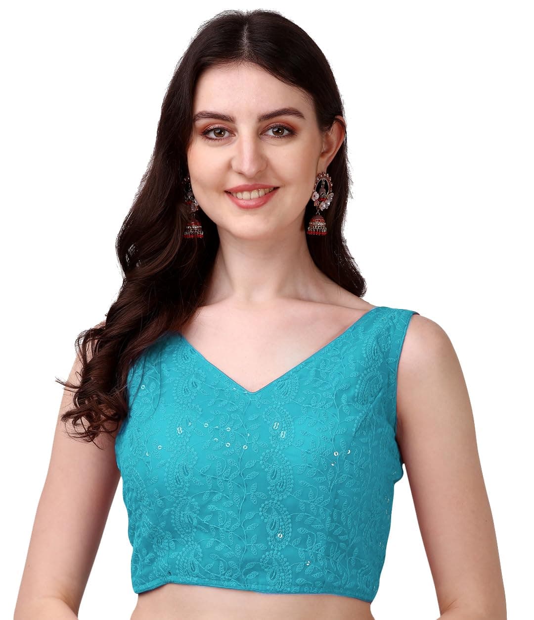 Pujia Mills Women's Georgette Sipali Sequin Work Sleeveless Blouse (Sky Blue, 34)