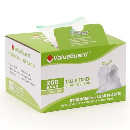 ValueGuard Large Trash Bag 13 Gallon Tall Drawstring 100% Post-Consumer Recycled Garbage Bag Waste Bag for Kitchen Office 0.6 Mil (200 Count)