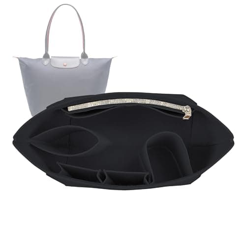 Lckaey Purse Organizer Insert for Longchamp Le Pliage, Premium Felt with 9 Compartments, Water Bottle Slot & Metal Zipper 1028black-L