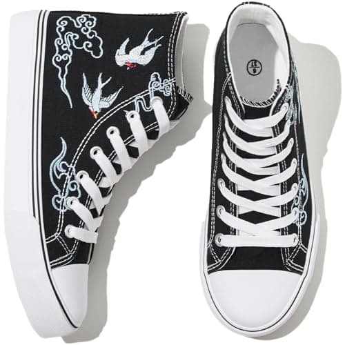 kufeiti Women's Embroidered High Top Canvas Sneaker Black Lace-up Comfortable Casual Fashion Sneaker(Black Lucky, US7)