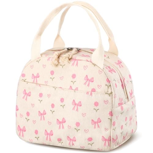 Dansydaisy Pink Flower and Bow Lunch Bag Cute Corduroy Insulated Lunch Box for Women Coquette Tote Bag Reusable Large Capacity Cooler Containers Preppy Stuff Gifts for Picnics Travel Outdoor