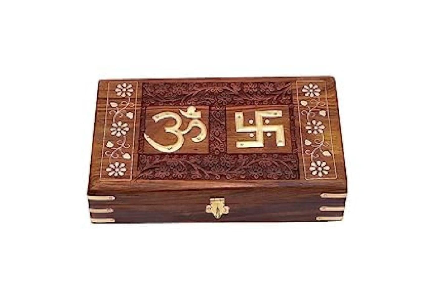 Woodiva Beautiful Handmade Sheesham Wooden Storage Box - Hand Carved Jewelry Box & Decorative Gift OM Box (10X6X2.5Inches) (Om+Swastic)
