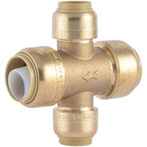 SharkBite 3/4 x 3/4 x 1/2 x 1/2 Inch Cross Tee, Push To Connect Brass Plumbing Fitting, PEX Pipe, Copper, CPVC, PE-RT, HDPE, U380LFA