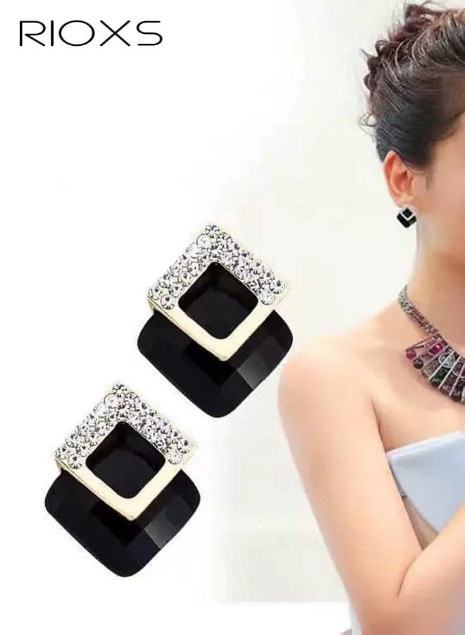 Women's Stud Earrings, Elegant Square Diamond-Studded Earrings, Sparkling Rhinestone Geometric Earrings, Stylish, Sophisticated, and High-End, Black