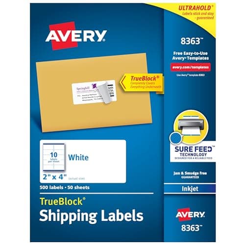 Avery Printable Shipping Labels Sure Feed Technology 2 x 4 White 500 Blank Mailing Labels 8363