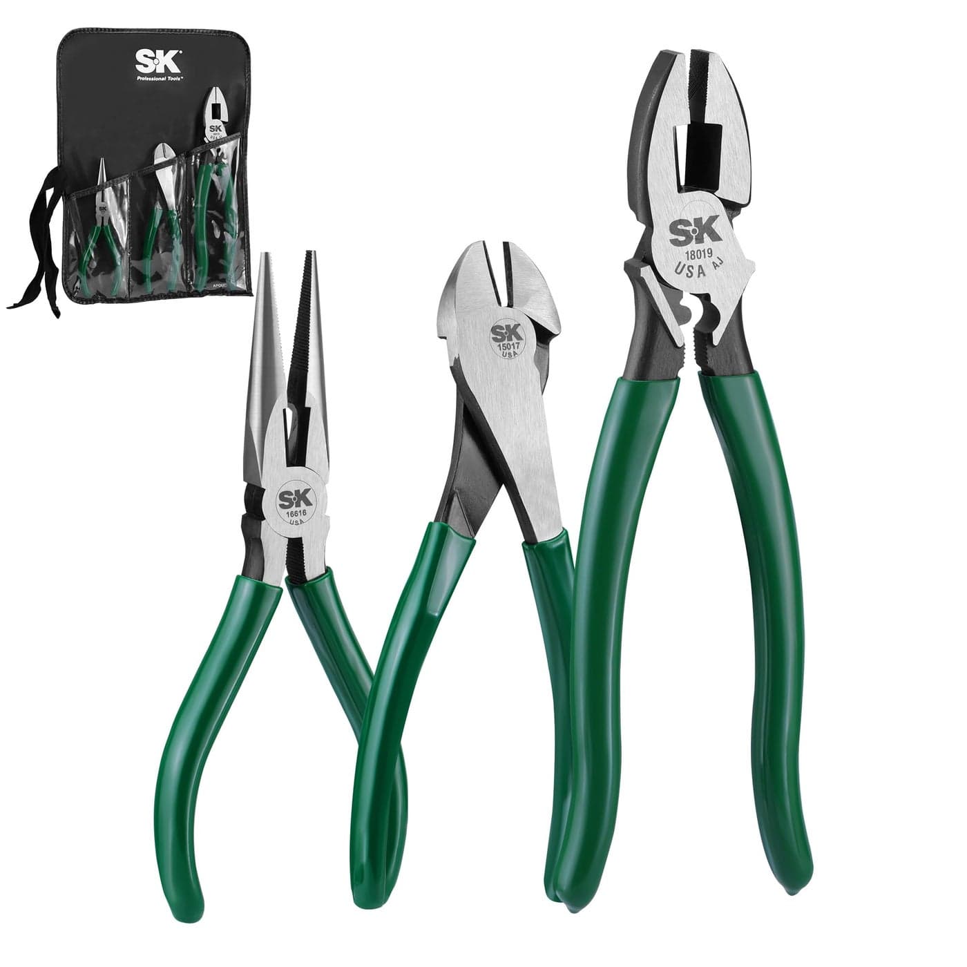 SK Tools USA 3Piece Pliers Set 7 Long Nose Angled Diagonal Pliers 9 Linesman High Carbon Steel AntiSlip Padded Handle with Rolling Pouch