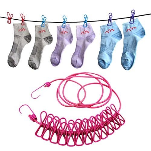 HOME CUBE 1 Pc Portable Travel Elastic Clothesline Rope with 12 Clips Adjustable Clothesline Rope Clothes Hanging Clips Balcony Clothes Drying Line WindProof Clothesline for Outdoor Indoor