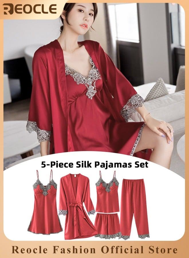 Women's Pajama Sets 5 PCS Silk Pajamas Comfortable Skin-friendly Sleepwear Loungewear Satin Pajamas Sets for Women