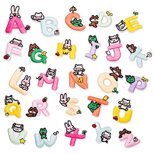 USky Sew or Iron on Embroidered Patches Colorful Alphabet Letters with Cute Cartoon Animals Educational Fun Design DIY Kids Fashion Clothing Bags Accessories 1319 Height 26PCs Pack