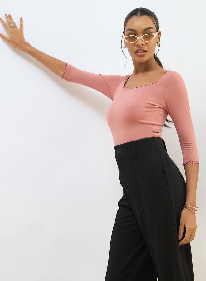 SASSAFRAS Pink Knitted Lace Detail Crop Top