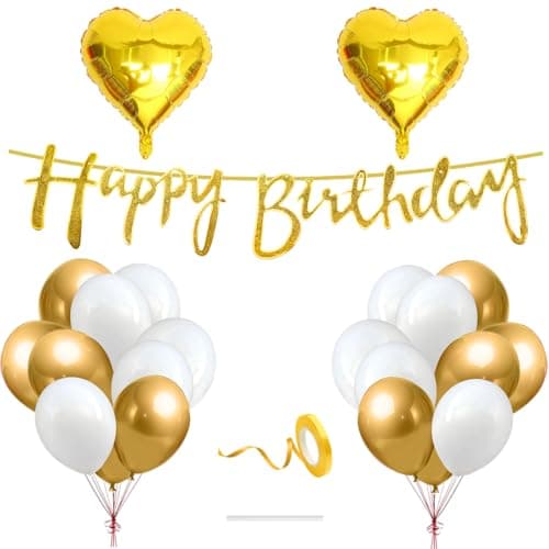 Flyloons Happy Birthday Decoration Kit Gold White for Baby Boys Girls Kids Husband Wife Father Mother With 20 Pcs Chrome Balloons Birthday Banner 2 Pcs Heart Items Set Golden