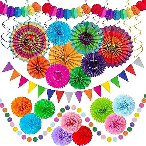 Fiesta Party Decorations Set 33Pcs, Multi-Color Cinco De Mayo Hanging Paper Fans, Paper Pom Poms, Pennant, Garland String and Banner for Fiesta, Cinco de Mayo, Birthday, Wedding or Mexican Party