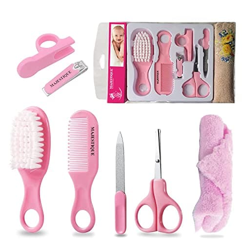 Majestique Baby Grooming Set - Baby Hair Brush, Comb, Nail Clipper, Nail File and Soft Baby Towel, Baby Products for New Born Baby Gifts Toddlers Infant Girl Boys Keep Clean (7 in 1 Pink)