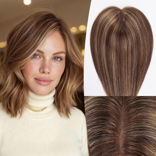 EMMOR 14 Inch Human Hair Topper for Women 5 6 Upgrade Swiss Lace Base with 3 NonSlip Clips 100 Real Hair Toppers for Thinning Hair Natural LookingMixed Brown