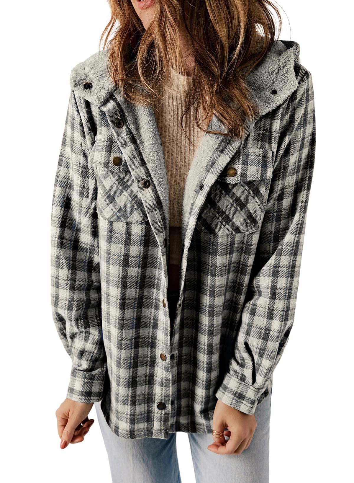 Dokotoo Womens Winter Clothing for Women Plaid Jackets Fashion Fall Button Up Long Sleeve Sherpa Shacket Jacket Fleece Hooded Coats Outerwear Oversized Flannel Shirts for Women with Pockets Black L