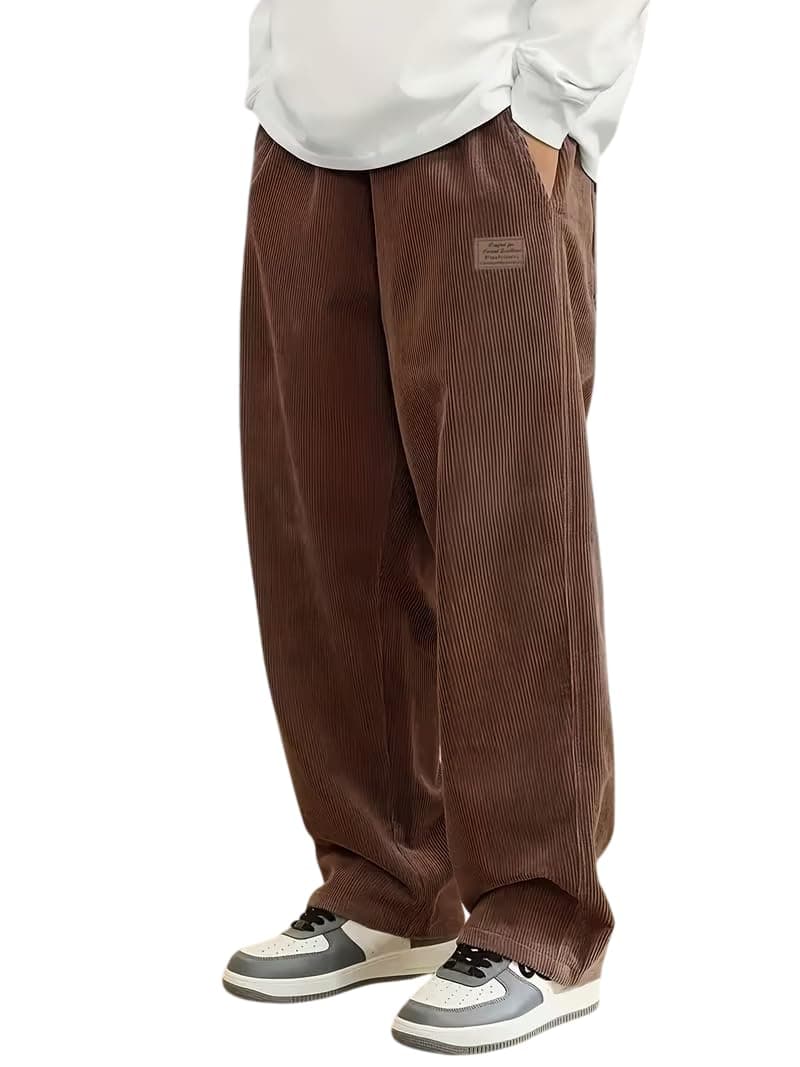 Samfor Men's Comfortable Baggy Corduroy Pants | Relaxed Fit Stretch Waist Trousers for Everyday Wear | Casual Trouser for Man Coffee