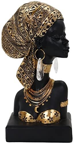 Lescafita African Lady Bust Sculpture with Golden Headwrap Resin Figurine with Earrings and Necklace Modern African Woman Statue for Home Decor and Cultural Gift