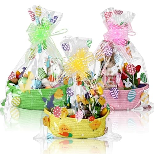 Teenyyou 3 Sets Easter Baskets for Gifts Empty with Wrap Cellophane Gift Bags Bows 12 x 9 x 5 Inch Easter Bunny Egg Woven Rope Basket to Fill Storage Box for Gift Wrapping Spring Party Decor