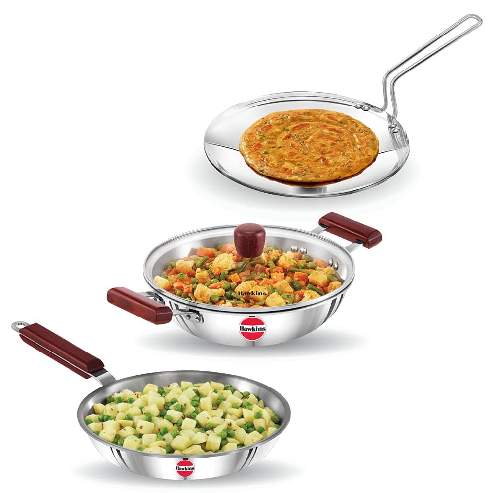 Hawkins Triniti 3 Pieces Triply Stainless Steel Cookware Set 2 - Frying Pan, Tava, Deep-Fry Pan with Glass Lid, Silver (SSET2)