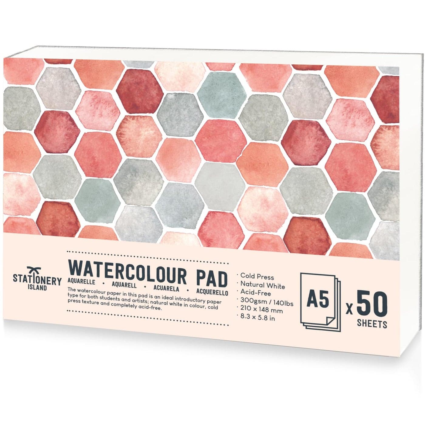 STATIONERY ISLAND Watercolour Paper A5 Pad 50 Sheets Natural White 300gsm Glue Bound ColdPressed Texture Watercolour Sketchbook for Painting Drawing and Mixed Media